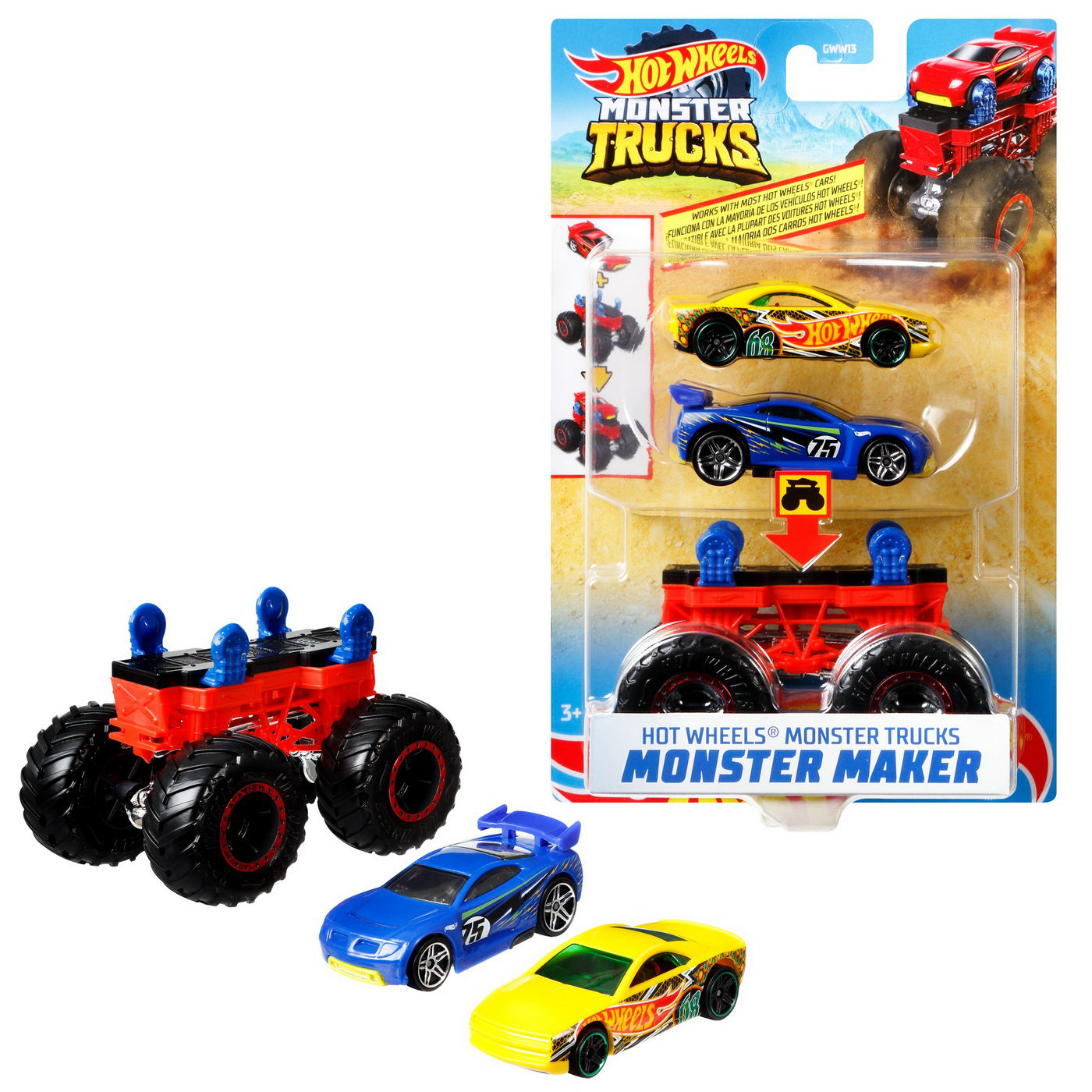 HOT WHEELS MONSTER TRUCK CU MASINUTE GALBEN SI ALBASTRU