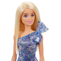 PAPUSA BARBIE TINUTE STRALUCITOARE BLONDA CU ROCHITA MOV