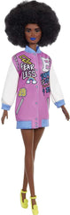 PAPUSA BARBIE FASHIONISTA CU PARUL AFRO SI JACHETA LILA