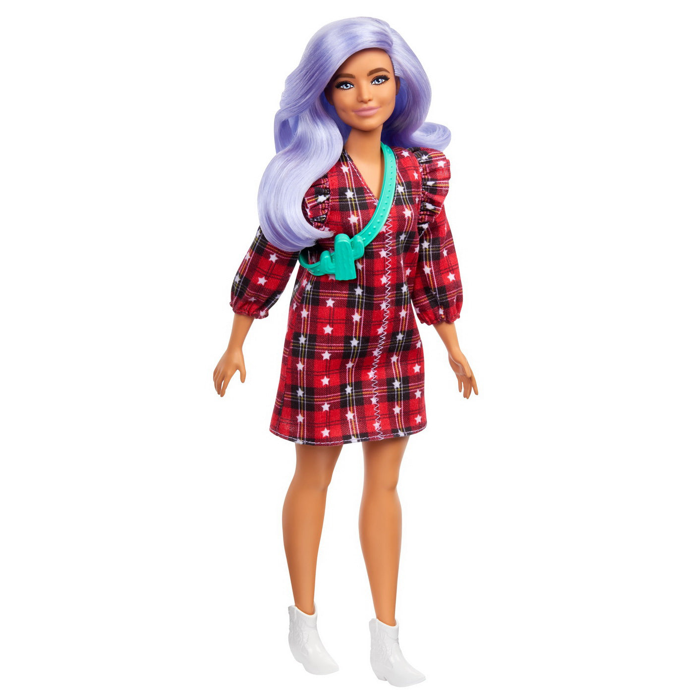 PAPUSA BARBIE FASHIONISTA CU PARUL MOV SI ROCHITA CU STELUTE