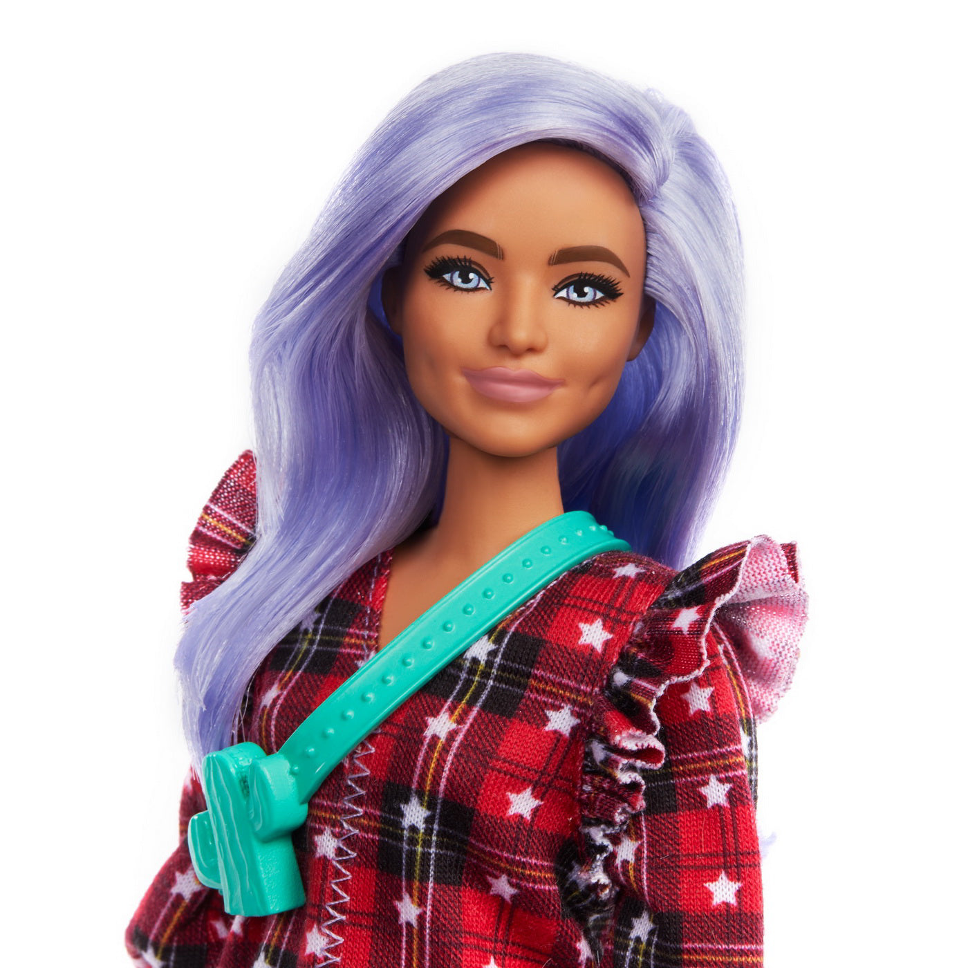 PAPUSA BARBIE FASHIONISTA CU PARUL MOV SI ROCHITA CU STELUTE