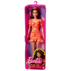 PAPUSA BARBIE FASHIONISTA BRUNETA CU ROCHIE ROSIE CU FLORI