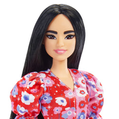 PAPUSA BARBIE FASHIONISTA BRUNETA CU ROCHIE ROSIE CU FLORI