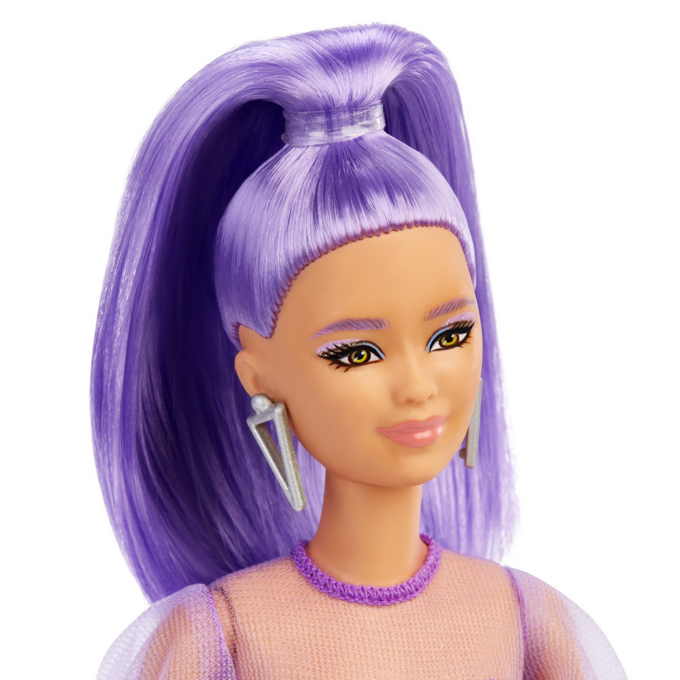 PAPUSA BARBIE FASHIONISTA CU PAR MOV CU ROCHIE CU UMERI BUFANTI
