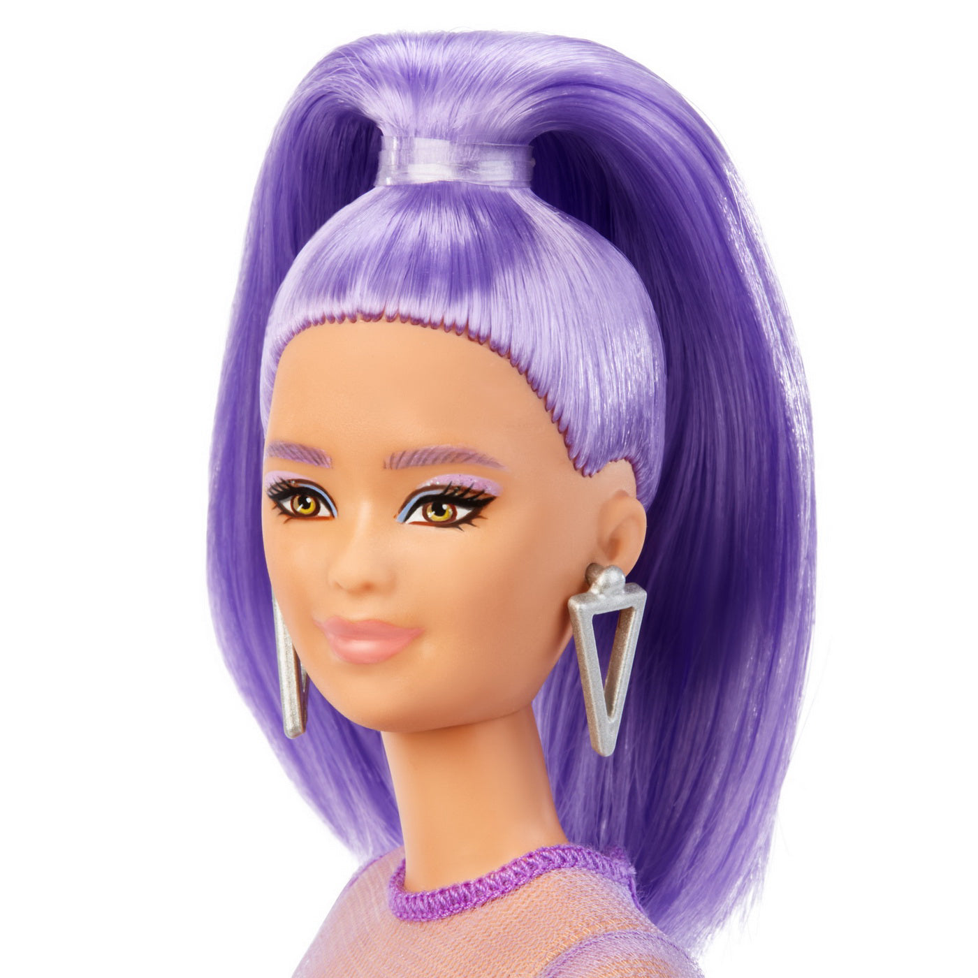PAPUSA BARBIE FASHIONISTA CU PAR MOV CU ROCHIE CU UMERI BUFANTI