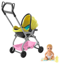 SET BARBIE SKIPPER BABYSITTERS CARUCIOR GALBEN CU BEBELUS