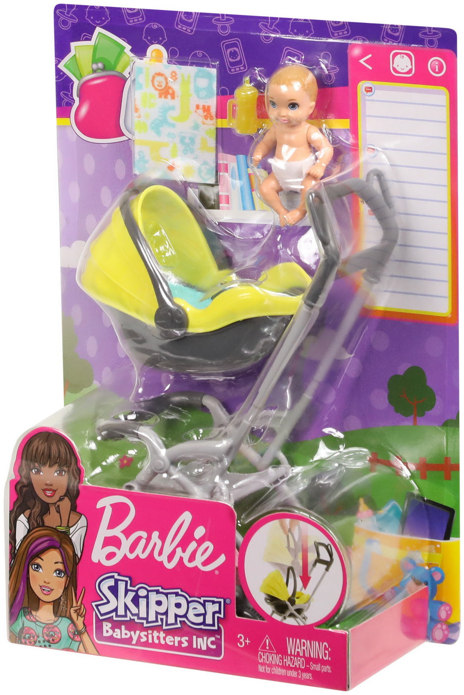 SET BARBIE SKIPPER BABYSITTERS CARUCIOR GALBEN CU BEBELUS