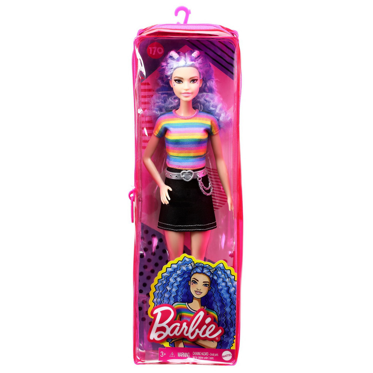 PAPUSA BARBIE FASHIONISTA CU PARUL MOV  TRICOU MULTICOLOR SI FUSTA NEAGRA