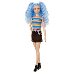 PAPUSA BARBIE FASHIONISTA CU PARUL MOV  TRICOU MULTICOLOR SI FUSTA NEAGRA