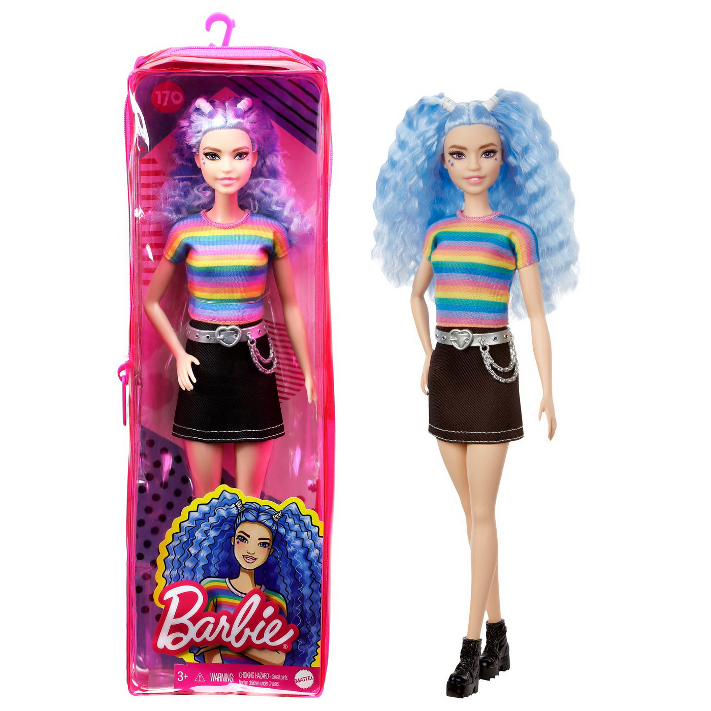 PAPUSA BARBIE FASHIONISTA CU PARUL MOV  TRICOU MULTICOLOR SI FUSTA NEAGRA