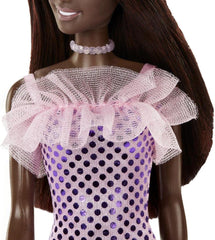 PAPUSA BARBIE TINUTE STRALUCITOARE BRUNETA CU ROCHITA MOV