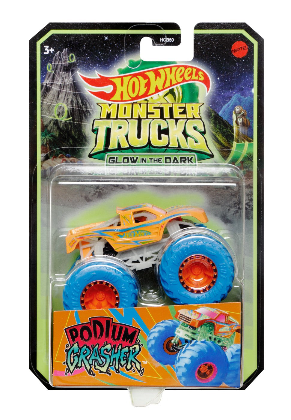 HOT WHEELS MONSTER TRUCK GLOW IN THE DARK MASINUTA PODIUM CRASHER SCARA 1:64