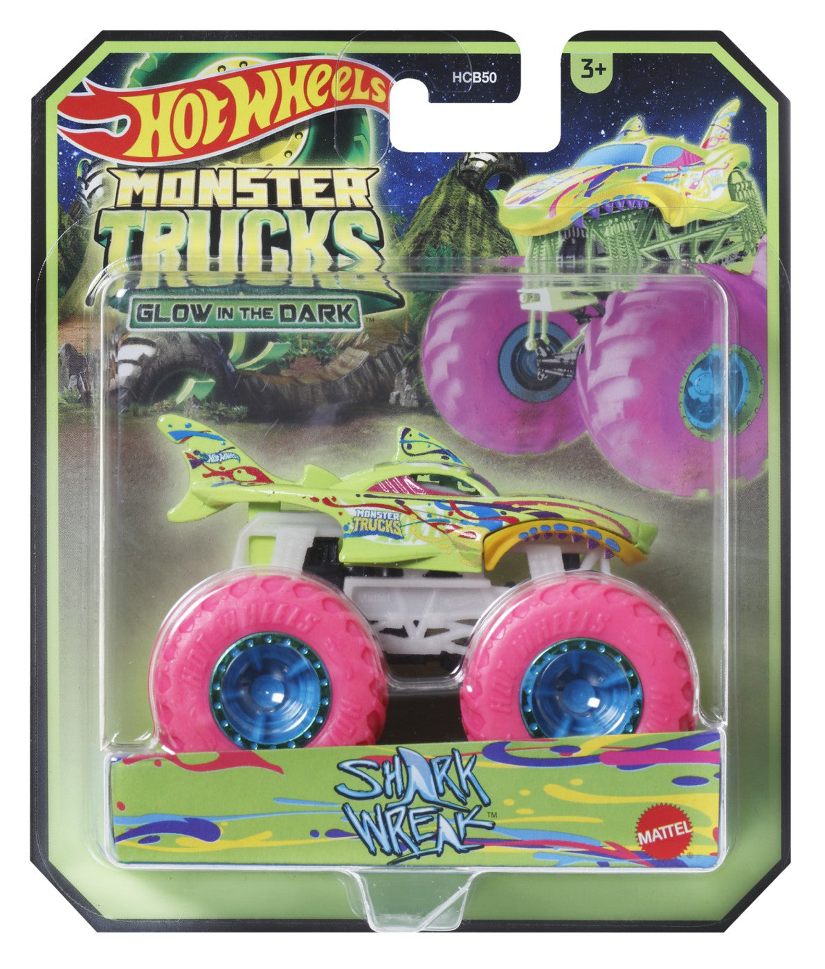 HOT WHEELS MONSTER TRUCK GLOW IN THE DARK MASINUTA SHARK WREAK SCARA 1:64