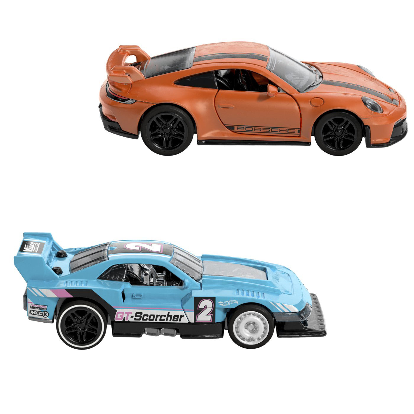 HOT WHEELS SET 2 MASINUTE METALICE PULL BACK GT-SCORCHER SI PORSCHE 911 GT3 1:43