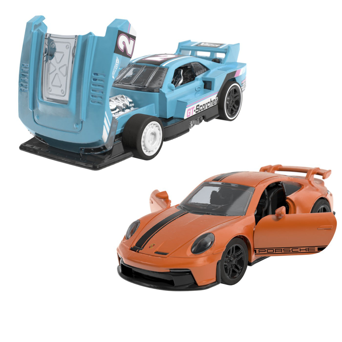 HOT WHEELS SET 2 MASINUTE METALICE PULL BACK GT-SCORCHER SI PORSCHE 911 GT3 1:43