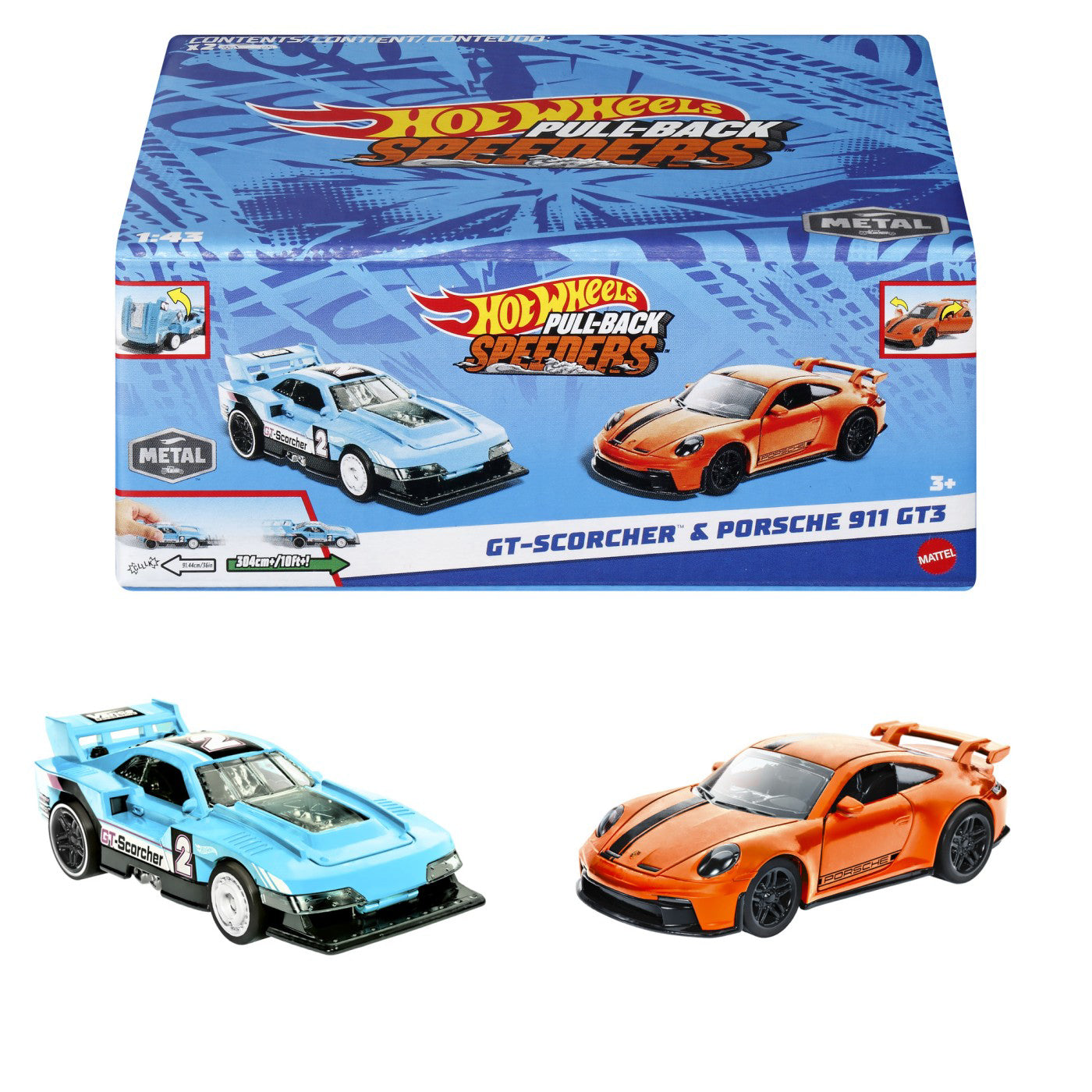 HOT WHEELS SET 2 MASINUTE METALICE PULL BACK GT-SCORCHER SI PORSCHE 911 GT3 1:43