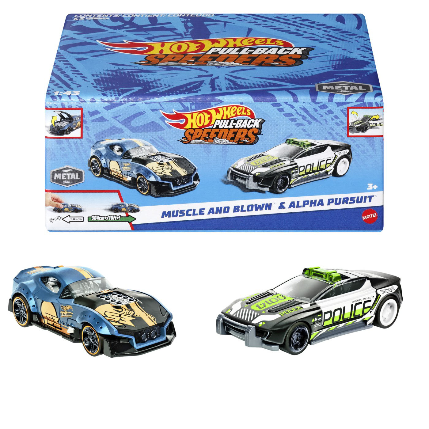 HOT WHEELS SET 2 MASINUTE METALICE PULL BACK MUSCLE AND BLOWN SI ALPHA PURSUIT 1:43