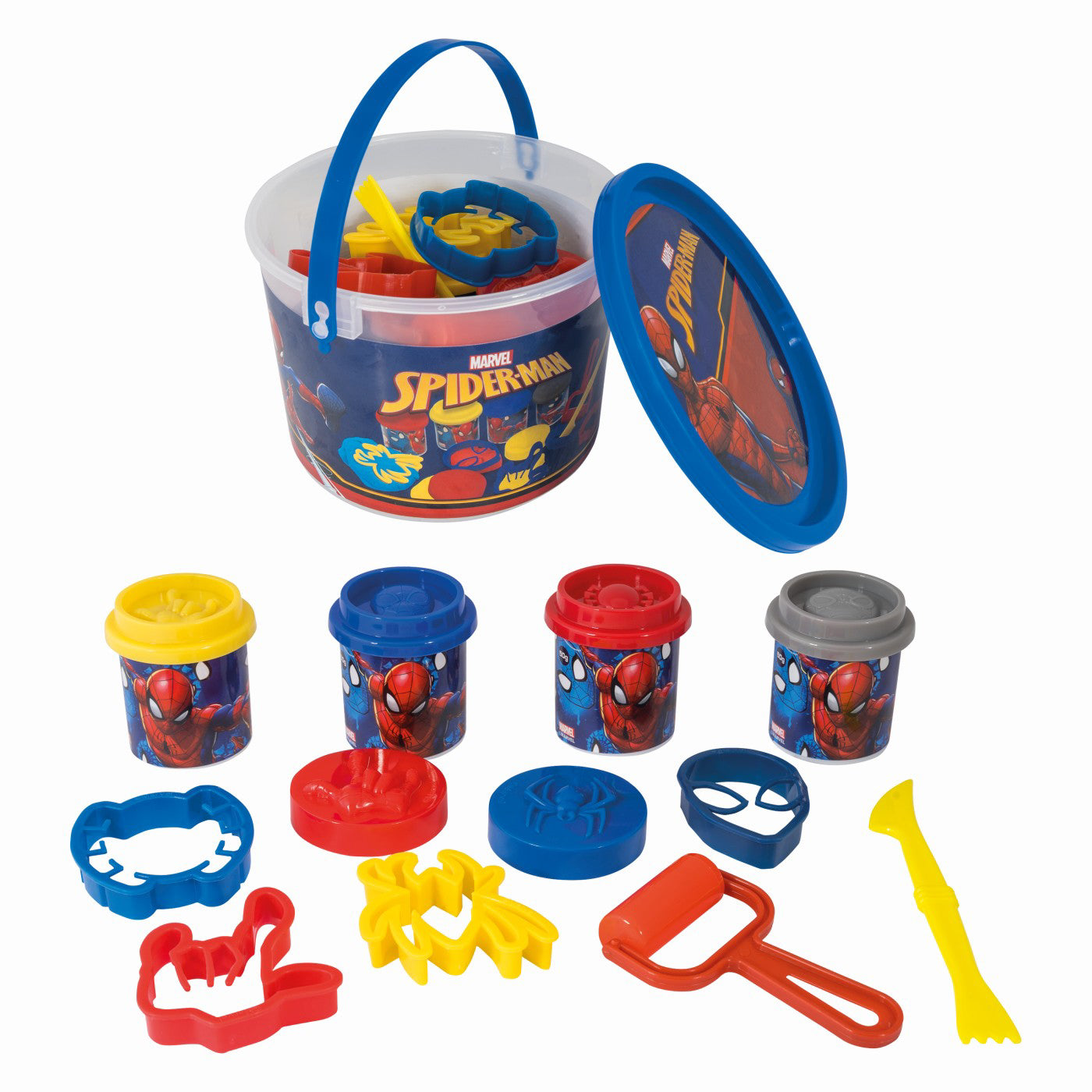 GALETUSA CU 4 BORCANASE DE PLASTILINA SI ACCESORII DE MODELAT SPIDERMAN