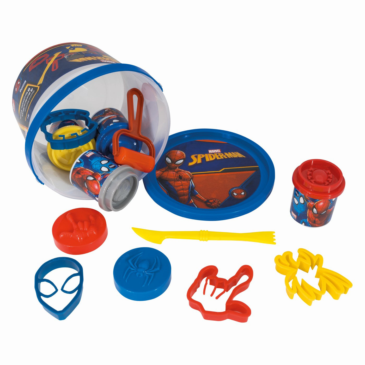 GALETUSA CU 4 BORCANASE DE PLASTILINA SI ACCESORII DE MODELAT SPIDERMAN