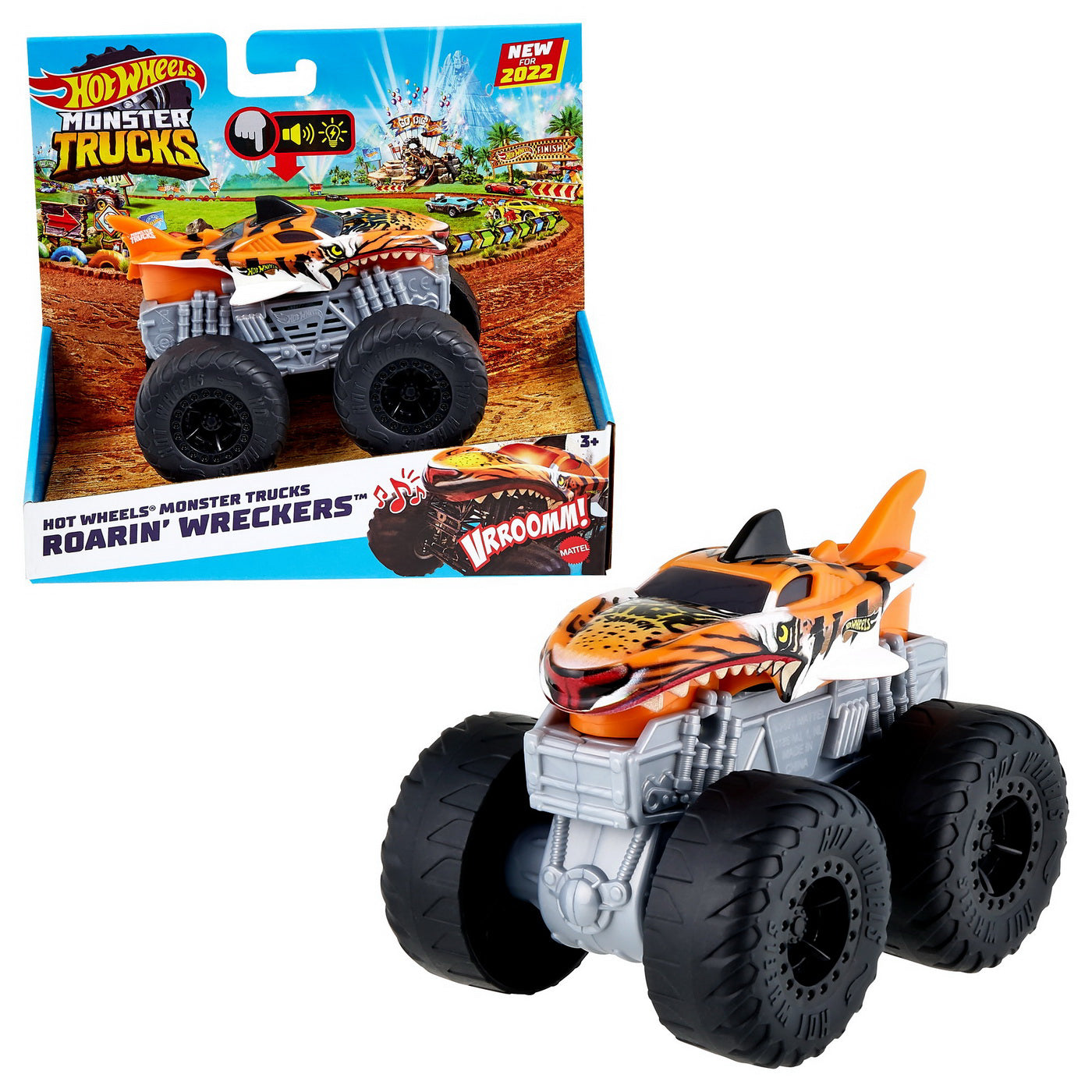 HOT WHEELS MONSTER TRUCK ROARIN WRECKERS TIGER SHARK CU FUNCTII SI SUNETE SCARA  1:43