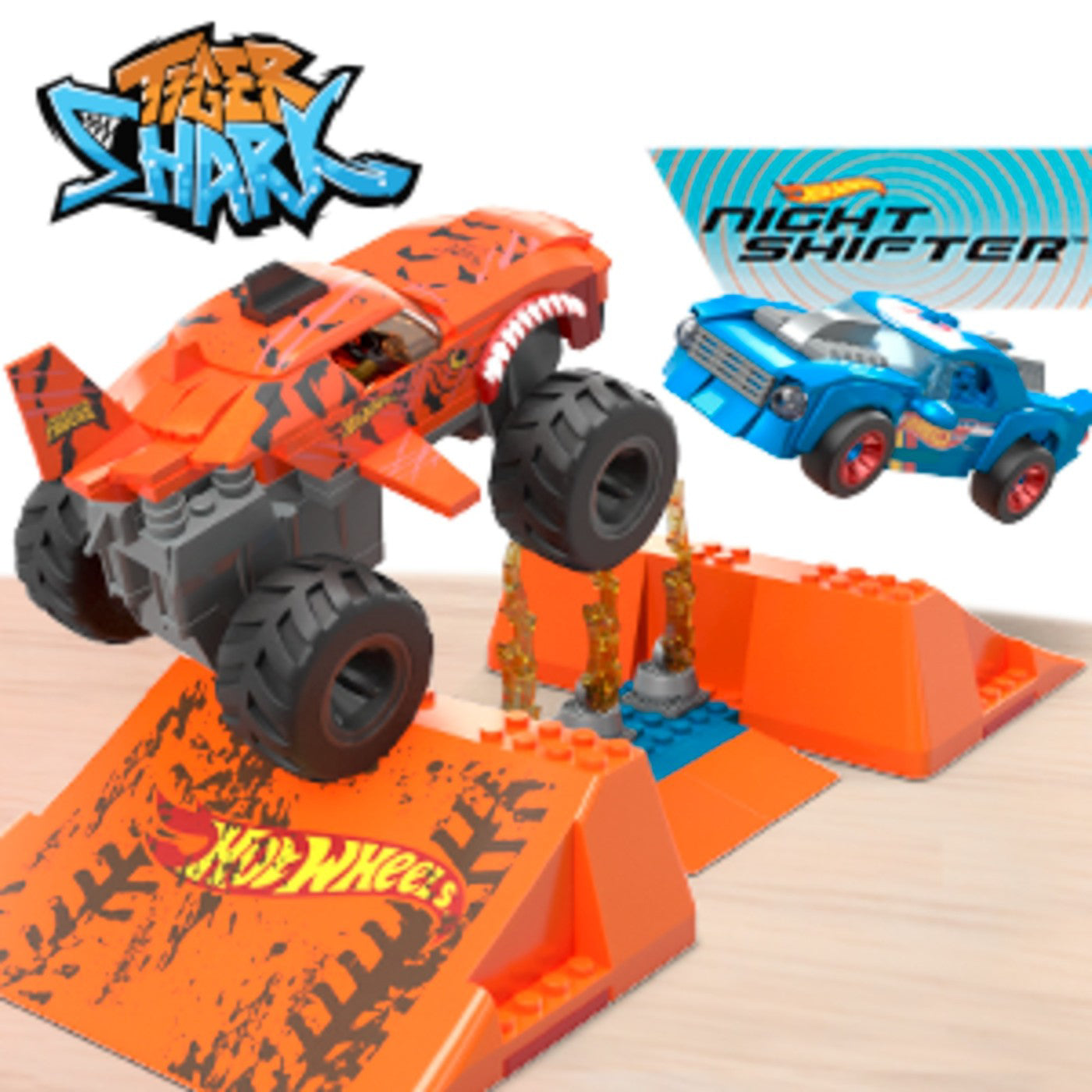 HOT WHEELS MONSTER TRUCK MEGA SET CONSTRUCTIE CURSA TIGER SHARK CHOMP