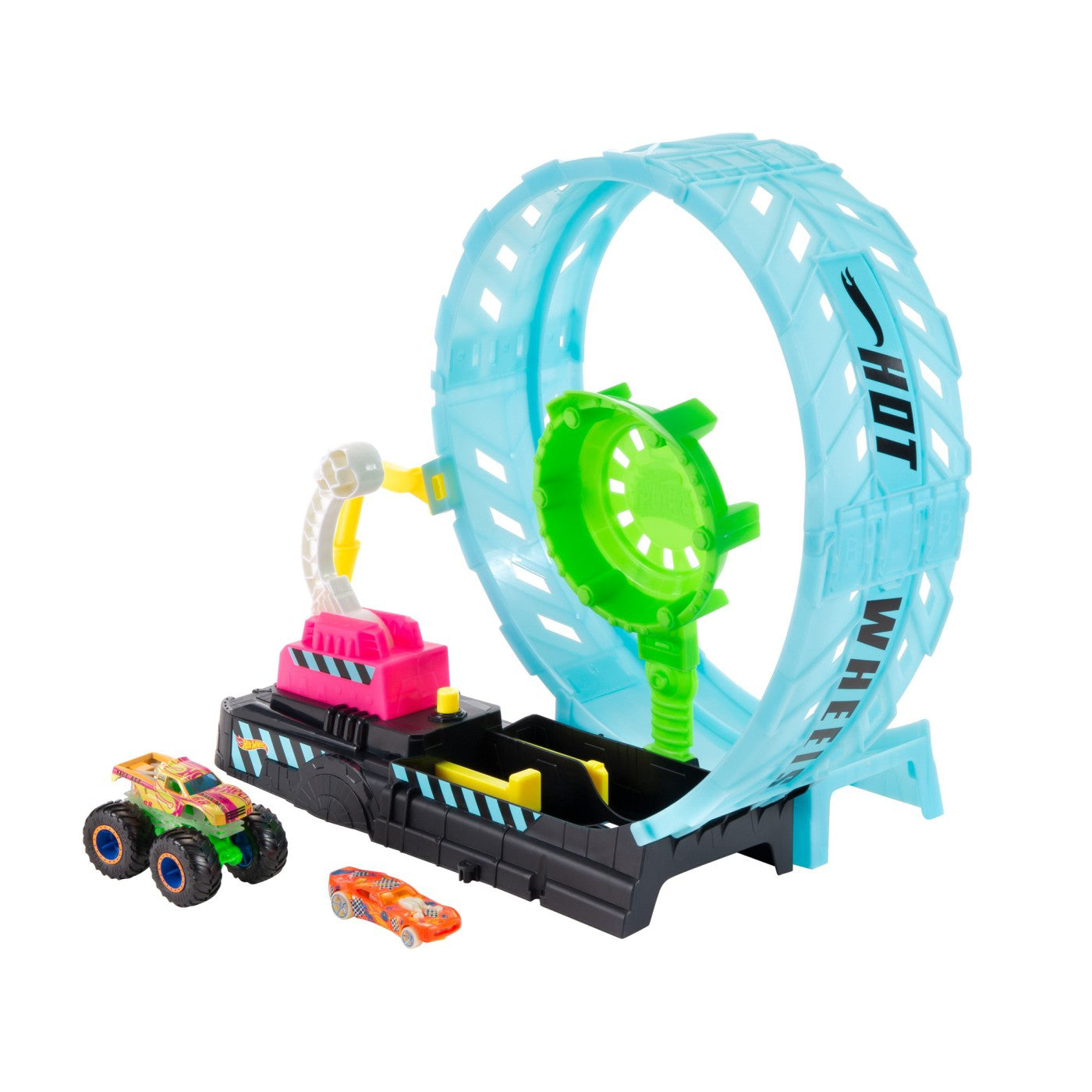 HOT WHEELS MONSTER TRUCK PISTA CASCADORILOR IN BUCLA FOSFORESCENTA