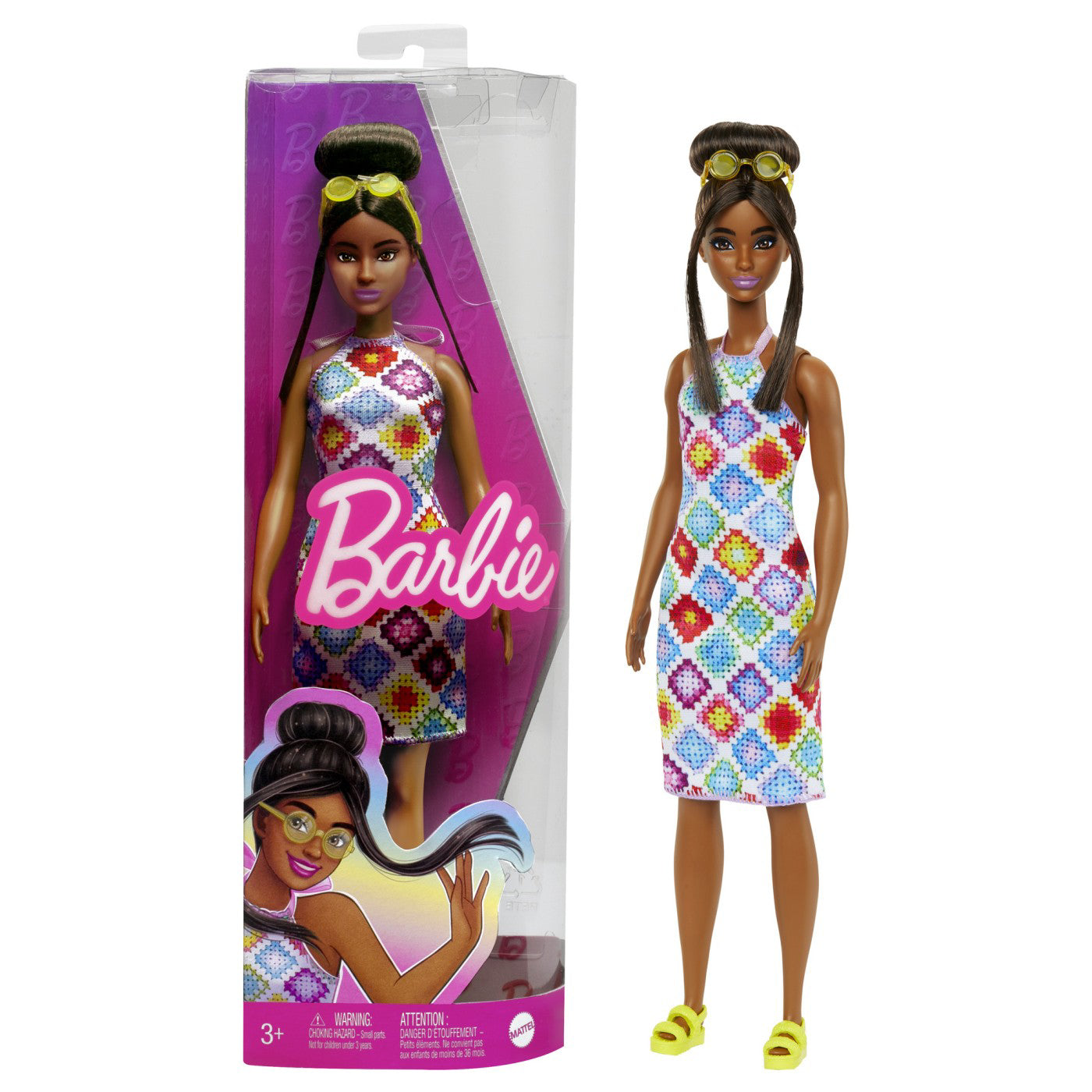 PAPUSA BARBIE FASHIONISTA SATENA CU OCHELARI DE SOARE GALBENI
