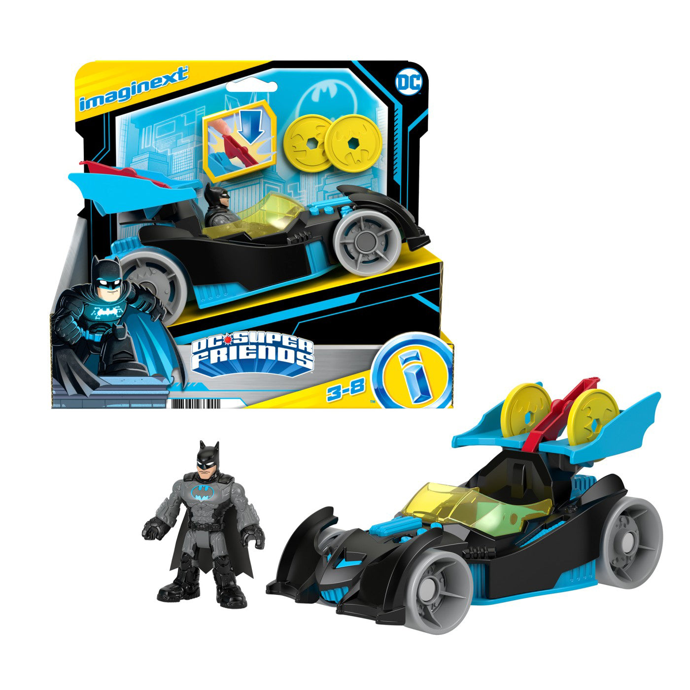 FISHER PRICE IMAGINEXT DC SUPER FRIENDS VEHICUL CU FIGURINA BATMAN CU COSTUM GRI