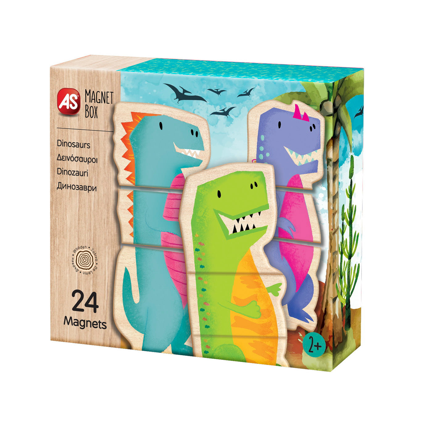 CUTIE UNIVERSUL DINOZAURILOR CU 24 PIESE DIN LEMN SI MAGNETICE