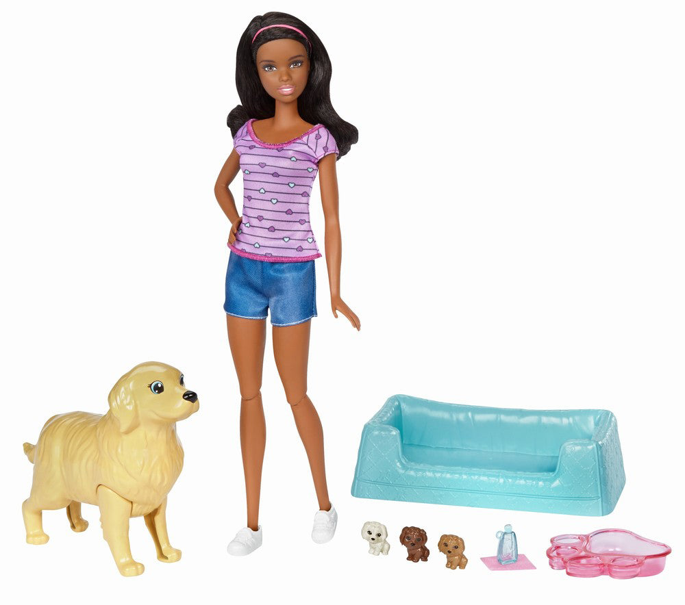 PAPUSA BARBIE BRUNETA CU CATELUSA SI PUII EI