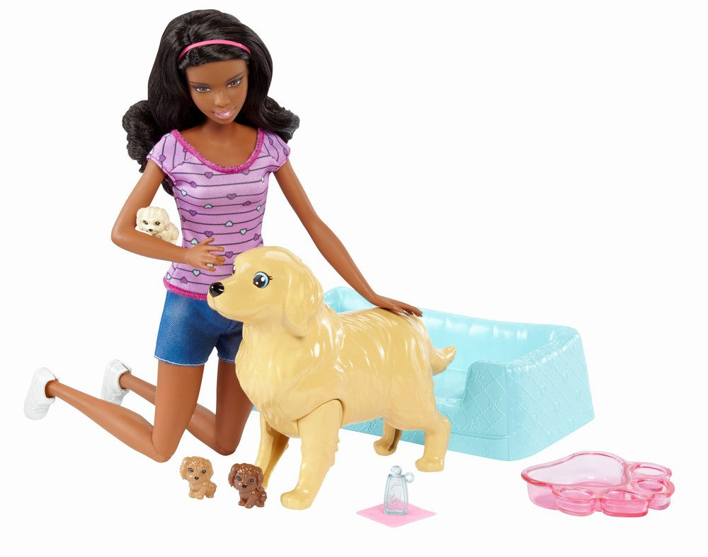 PAPUSA BARBIE BRUNETA CU CATELUSA SI PUII EI