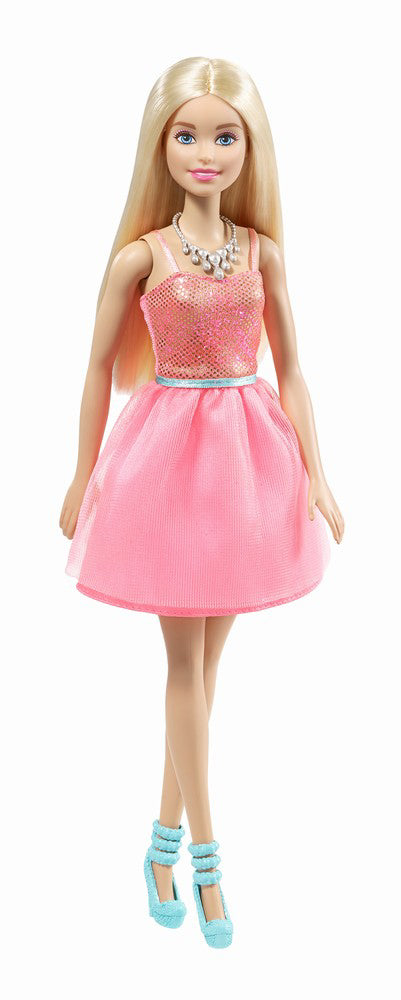 PAPUSA BARBIE TINUTE STRALUCITOARE BLONDA CU ROCHITA ROZ DESCHIS