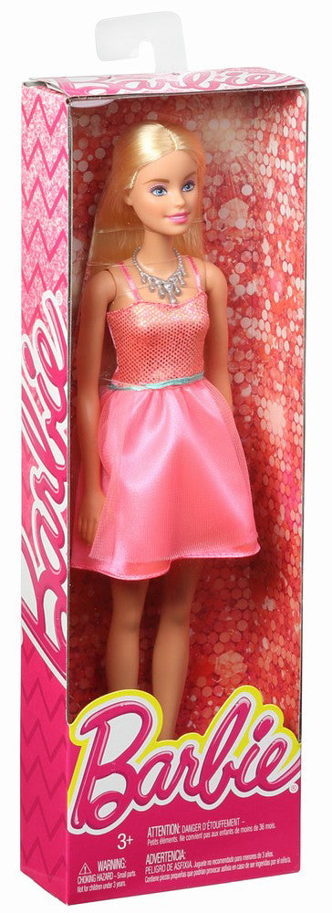 PAPUSA BARBIE TINUTE STRALUCITOARE BLONDA CU ROCHITA ROZ DESCHIS