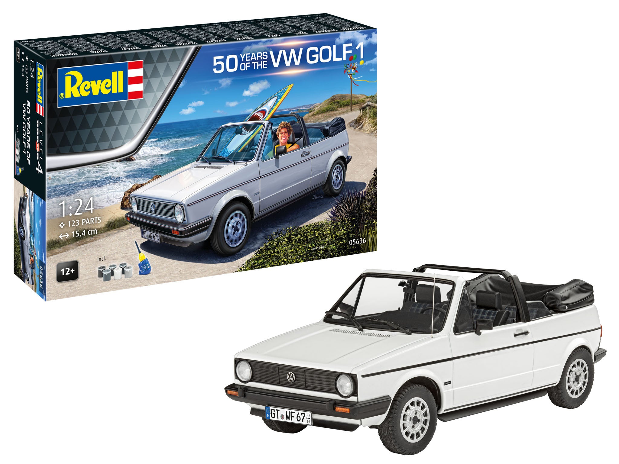 Set cadou 50 Years of VW Golf 1, Revell, model 1:24, detalii realiste, 355x215mm 05636