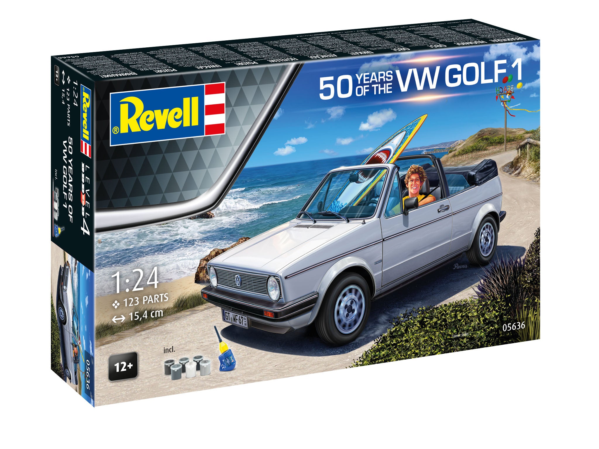 Set cadou 50 Years of VW Golf 1, Revell, model 1:24, detalii realiste, 355x215mm 05636