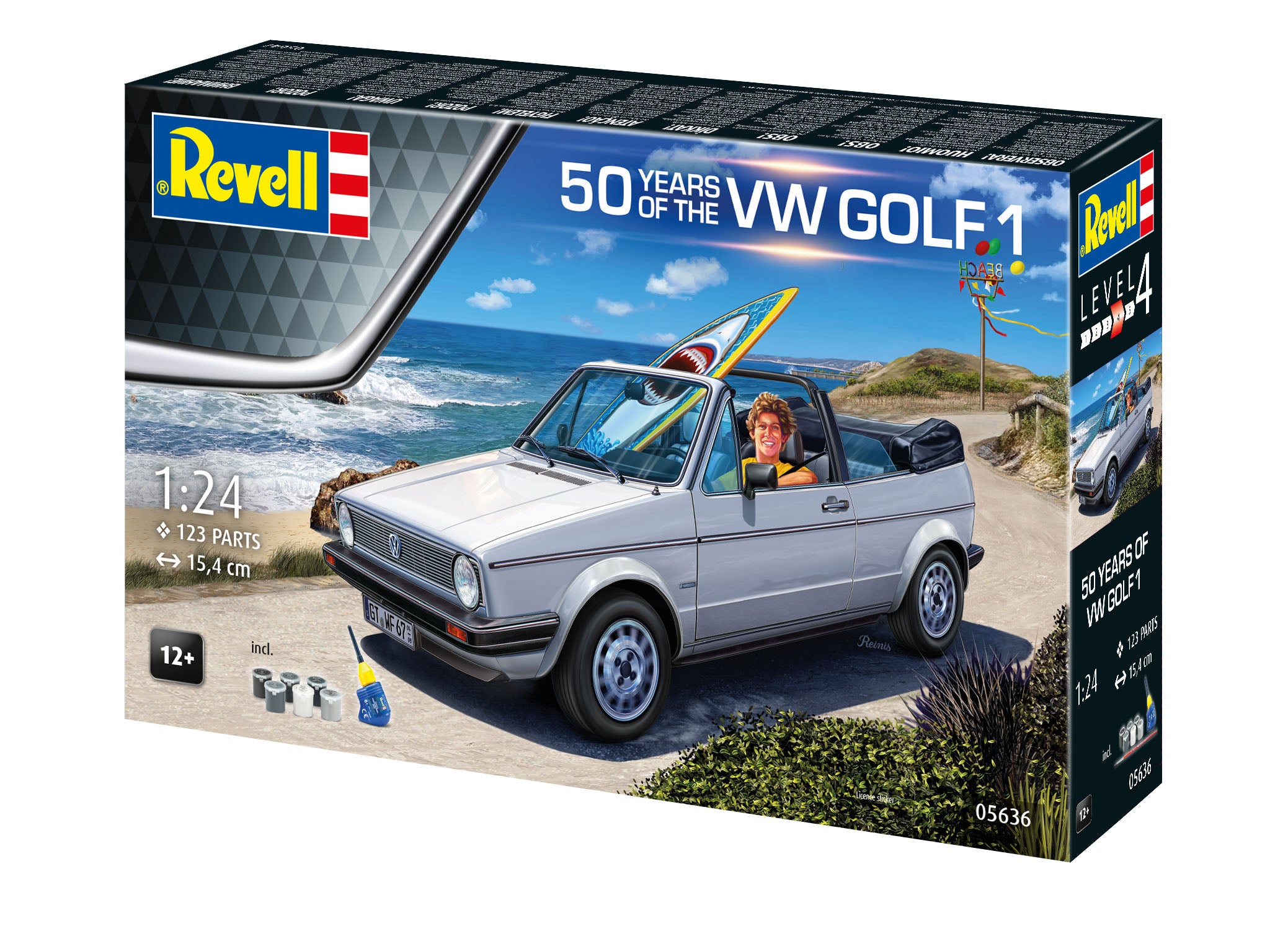Set cadou 50 Years of VW Golf 1, Revell, model 1:24, detalii realiste, 355x215mm 05636
