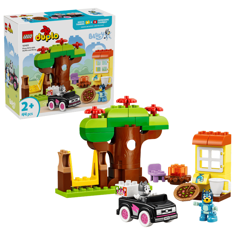 Set de constructie LEGO® DUPLO® Bluey Muffin si Blue, fetele care aduc pizza 10469, Jucarii pentru Copii de 2+ ani, Jucarii pentru Fete si Baieti, Jocuri Educative