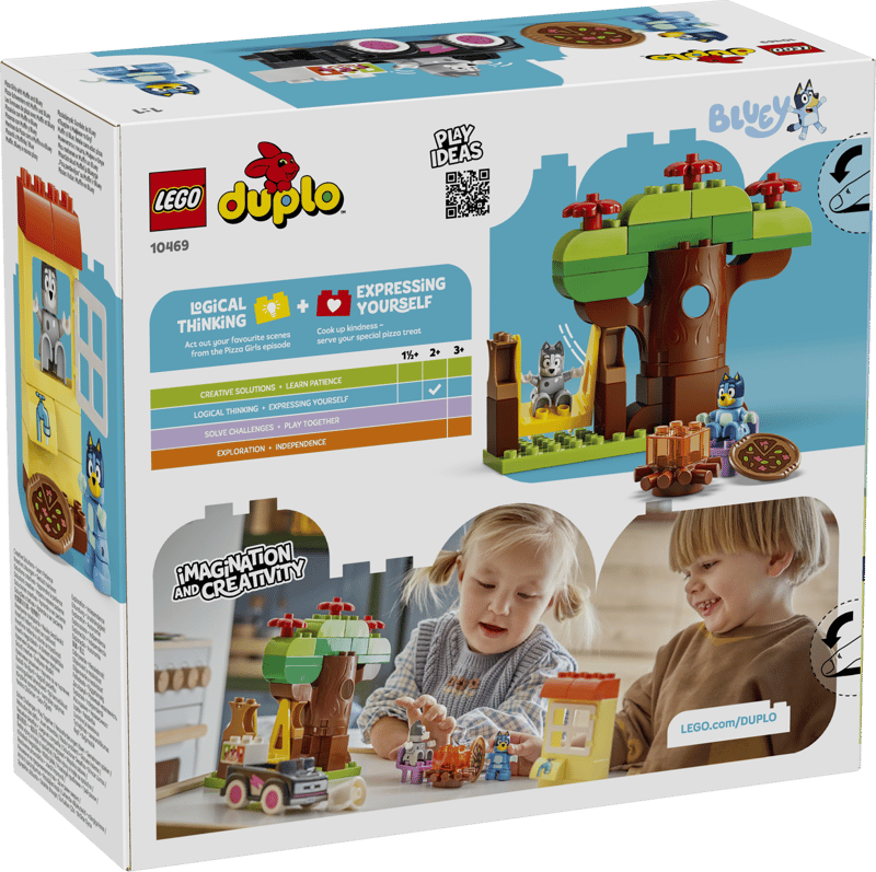 Set de constructie LEGO® DUPLO® Bluey Muffin si Blue, fetele care aduc pizza 10469, Jucarii pentru Copii de 2+ ani, Jucarii pentru Fete si Baieti, Jocuri Educative