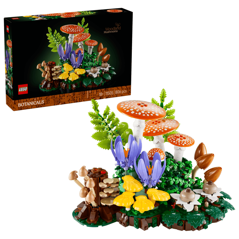 Set de constructie pentru adulti LEGO® Botanicals Ciuperci de padure 11505, Plante Artificiale, Decoratiuni pentru Living, Idee de Cadou pentru Femei si Barbati, 806 piese
