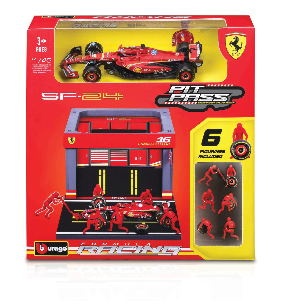 Macheta Bburago 1:43 Ferrari Formula Pit Pass - Sf24 #16 Charles Leclerc Bb36862/16