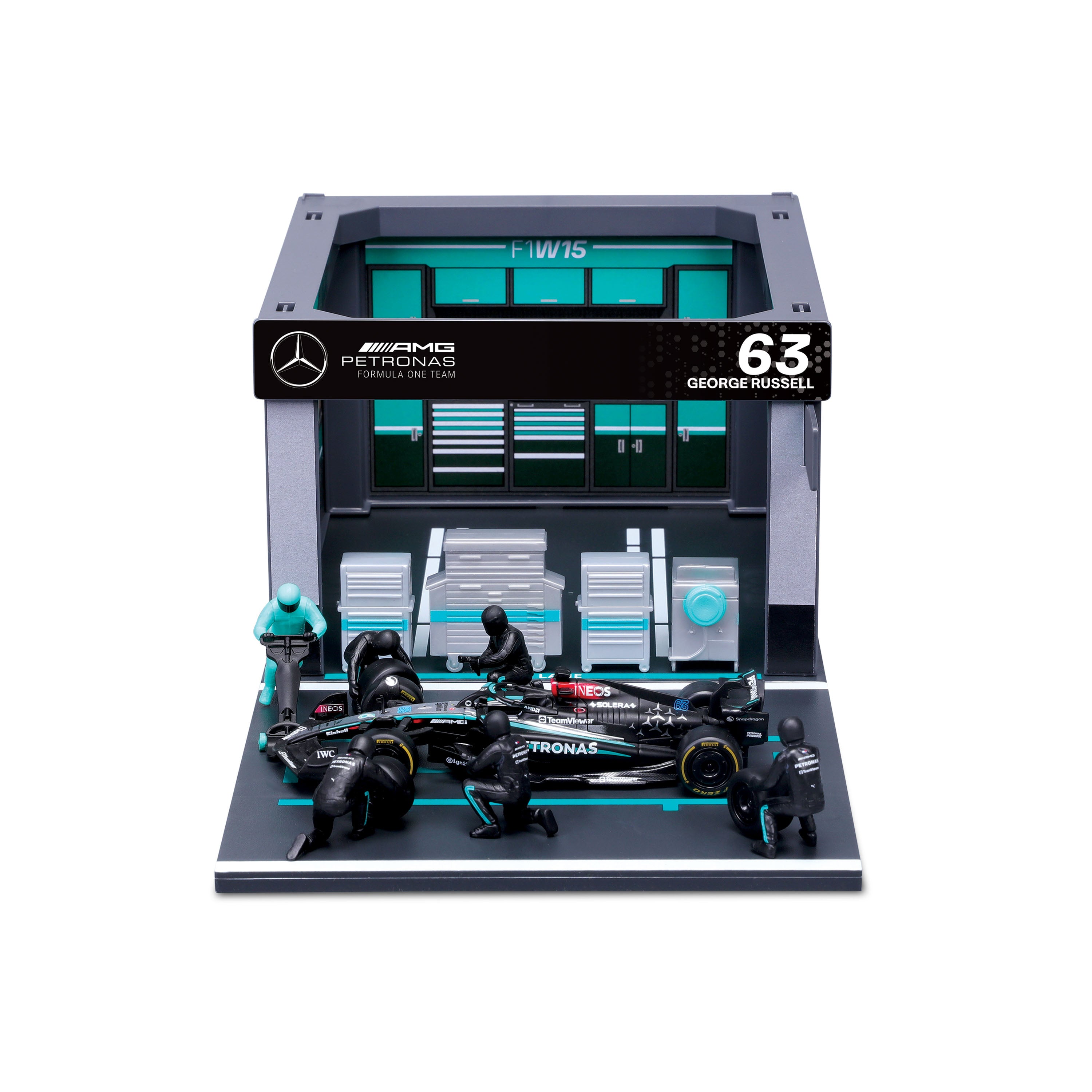Macheta Bburago 1:43 Formula Pit Pass – Mercedes AMG Petronas W15 Team #63 George Russell Bb38452/63
