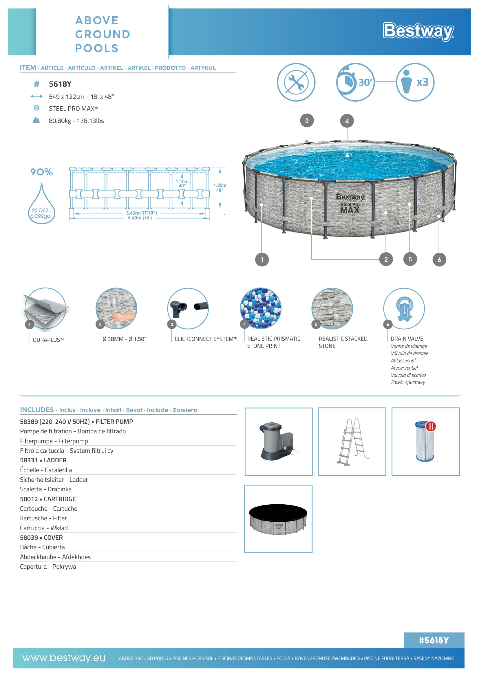 Piscina rotunda Bestway Steel Pro Max, 548 x 122 cm, BW5618Y