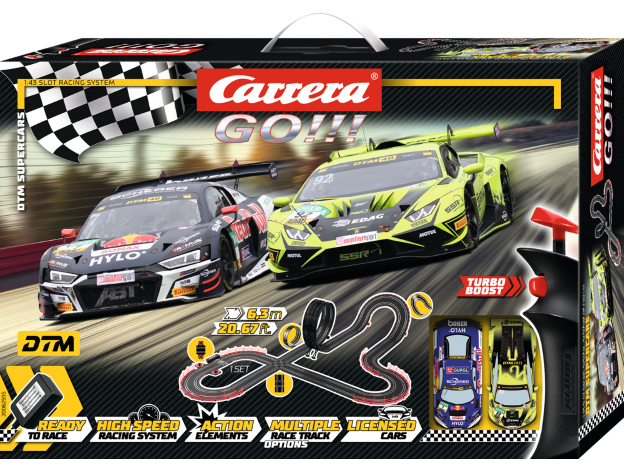 Carrera GO!!! DTM - Circuit de curse 6,3 m cu Audi R8 LMS GT3 și Lamborghini Huracán GT3 | Scara 1:43 | 6+ ani