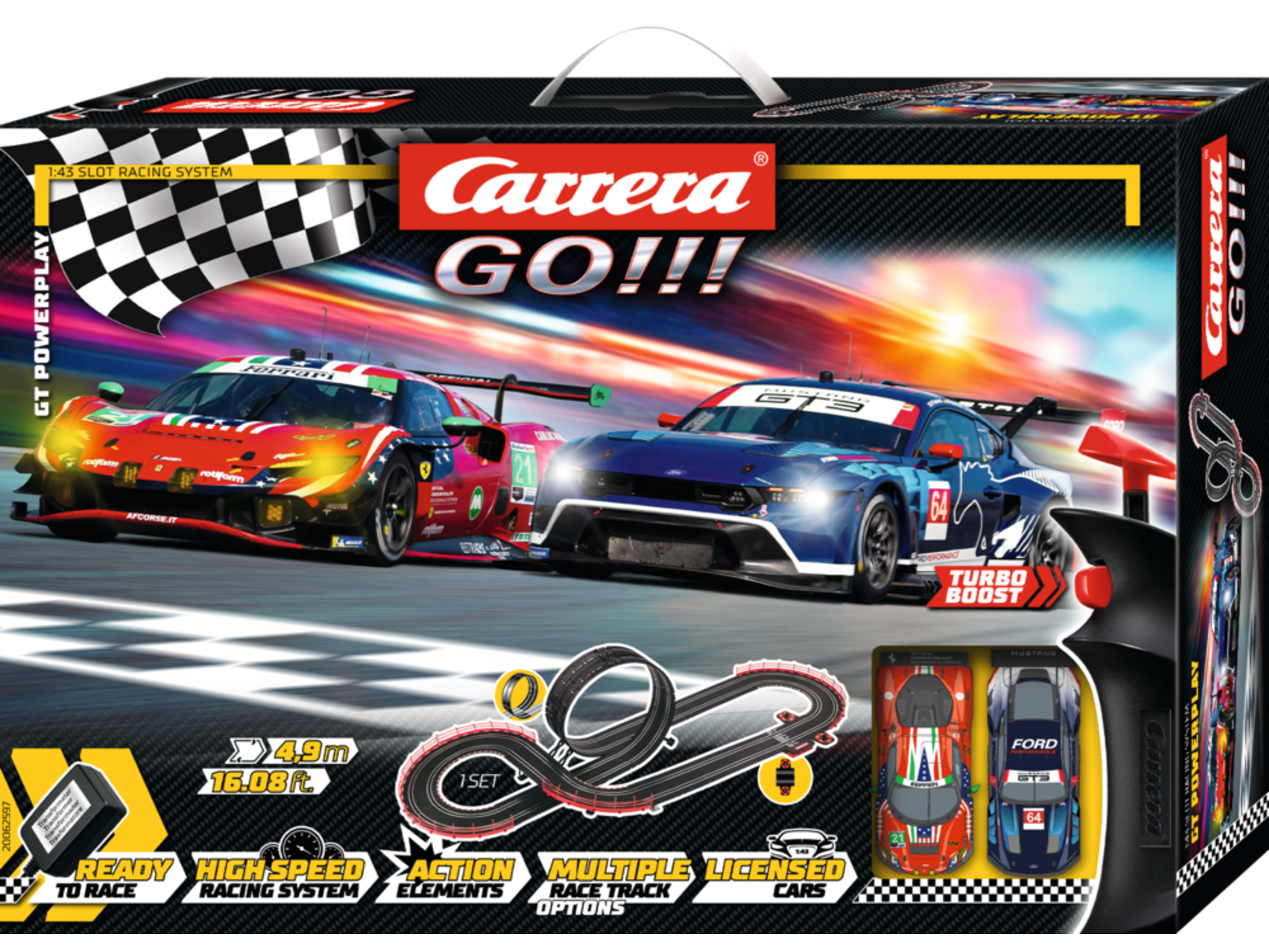 Carrera GO!!! GT - Circuit de curse 4,9 m cu Ford Mustang GT3 și Ferrari 296 GT3 | Scara 1:43 | 6+ ani