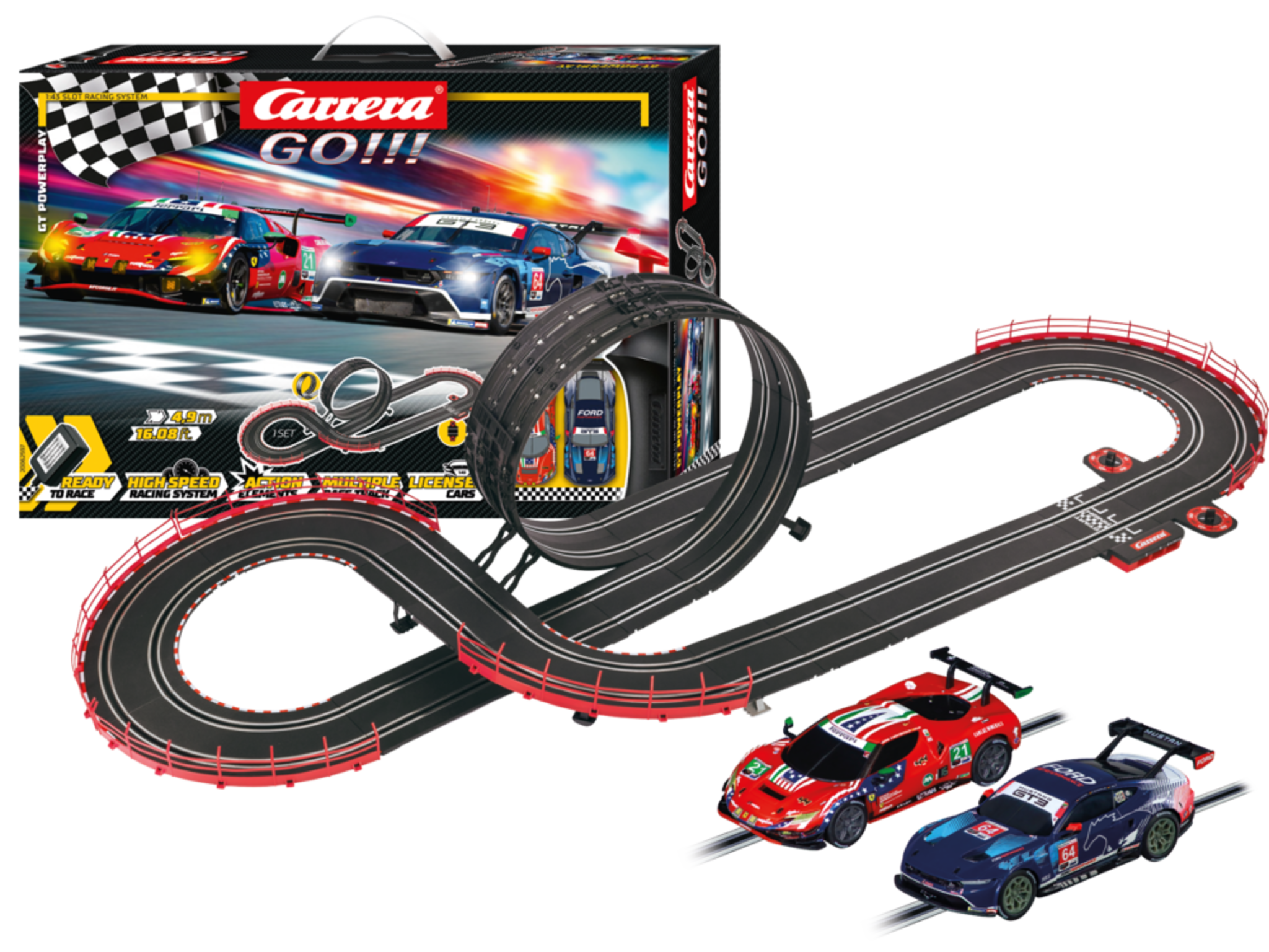 Carrera GO!!! GT - Circuit de curse 4,9 m cu Ford Mustang GT3 și Ferrari 296 GT3 | Scara 1:43 | 6+ ani