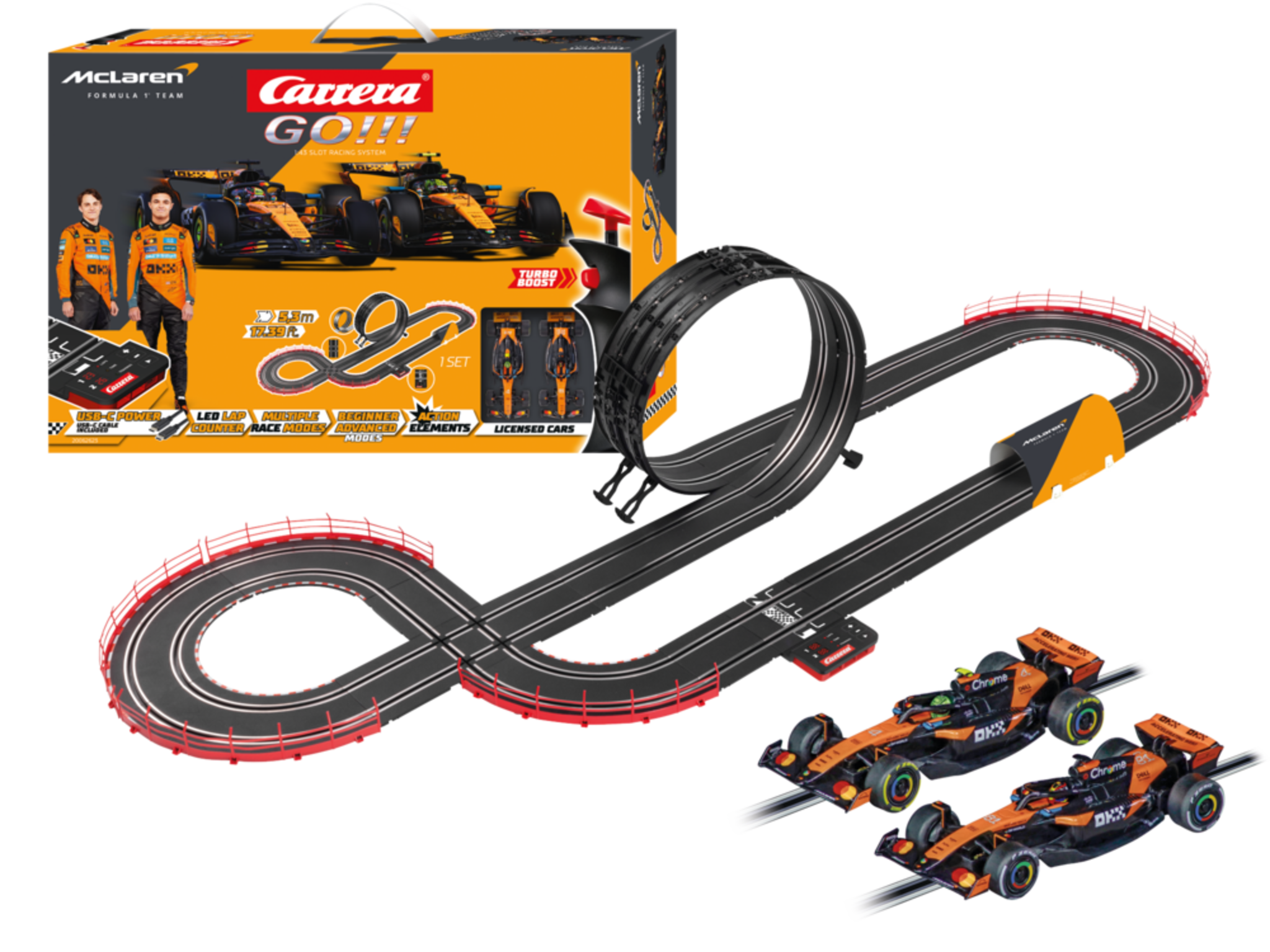 Carrera GO!!! McLaren Racing - Circuit Formula 1 5,3 m cu Lando Norris și Oscar Piastri | Scara 1:43 | 6+ ani