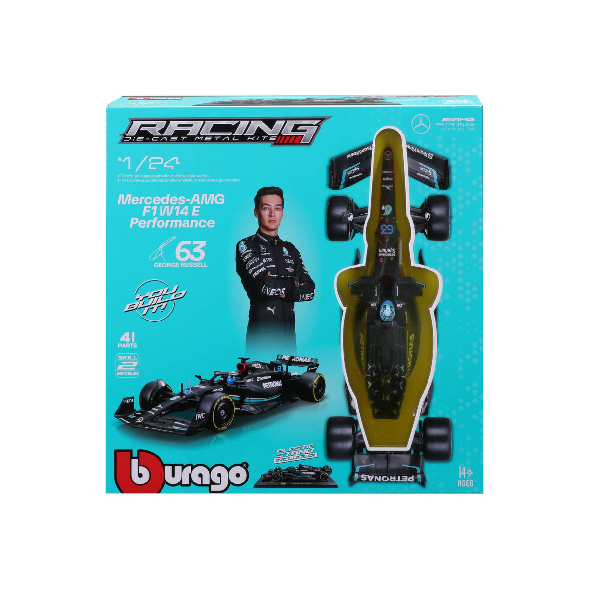 Macheta Bburago 1:24 Kit Model Formula-Cu Casca & Suport Din Plastic Mercedes Amg Petronas Team W14 Performance #63 George Russel Bb28503
