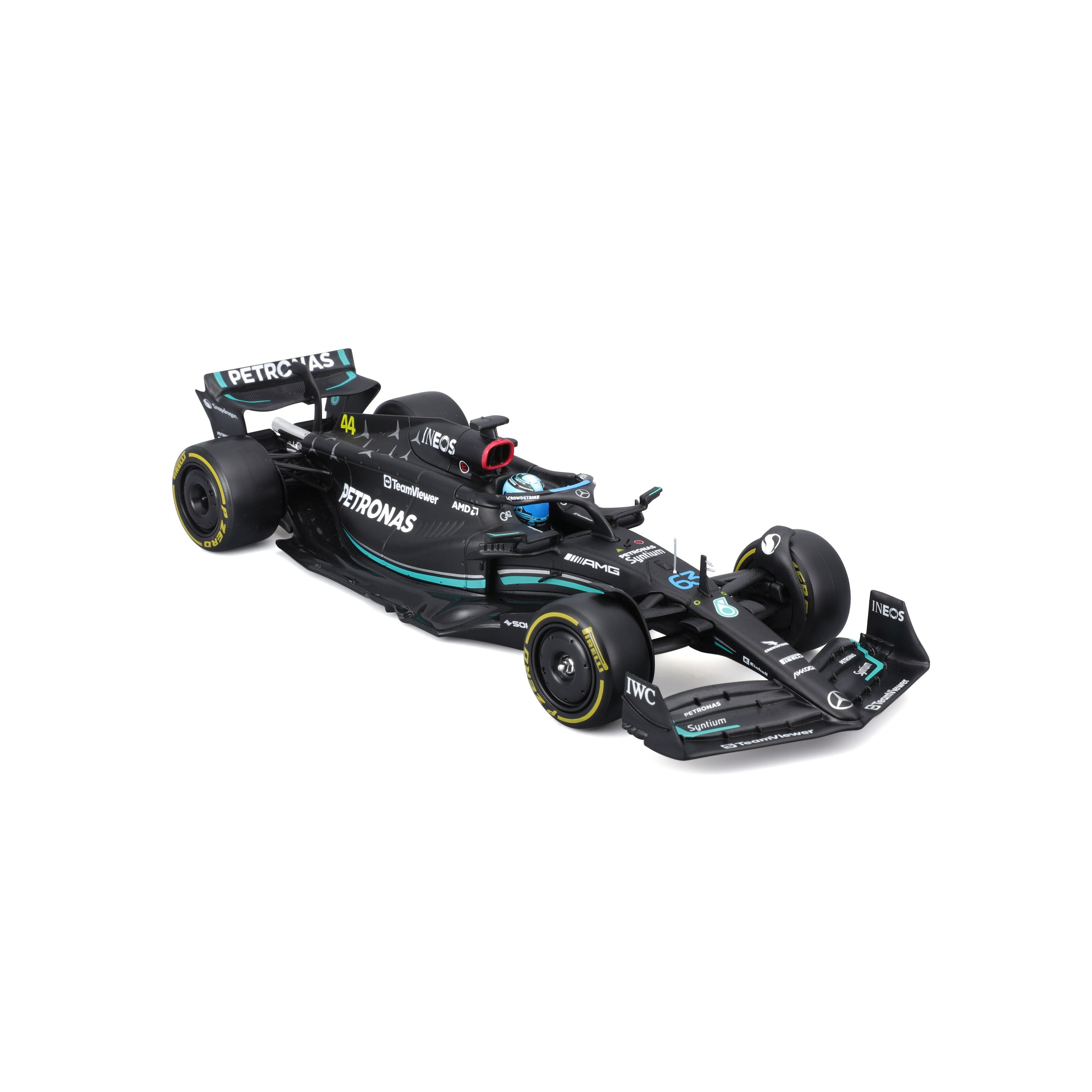 Macheta Bburago 1:24 Kit Model Formula-Cu Casca & Suport Din Plastic Mercedes Amg Petronas Team W14 Performance #63 George Russel Bb28503