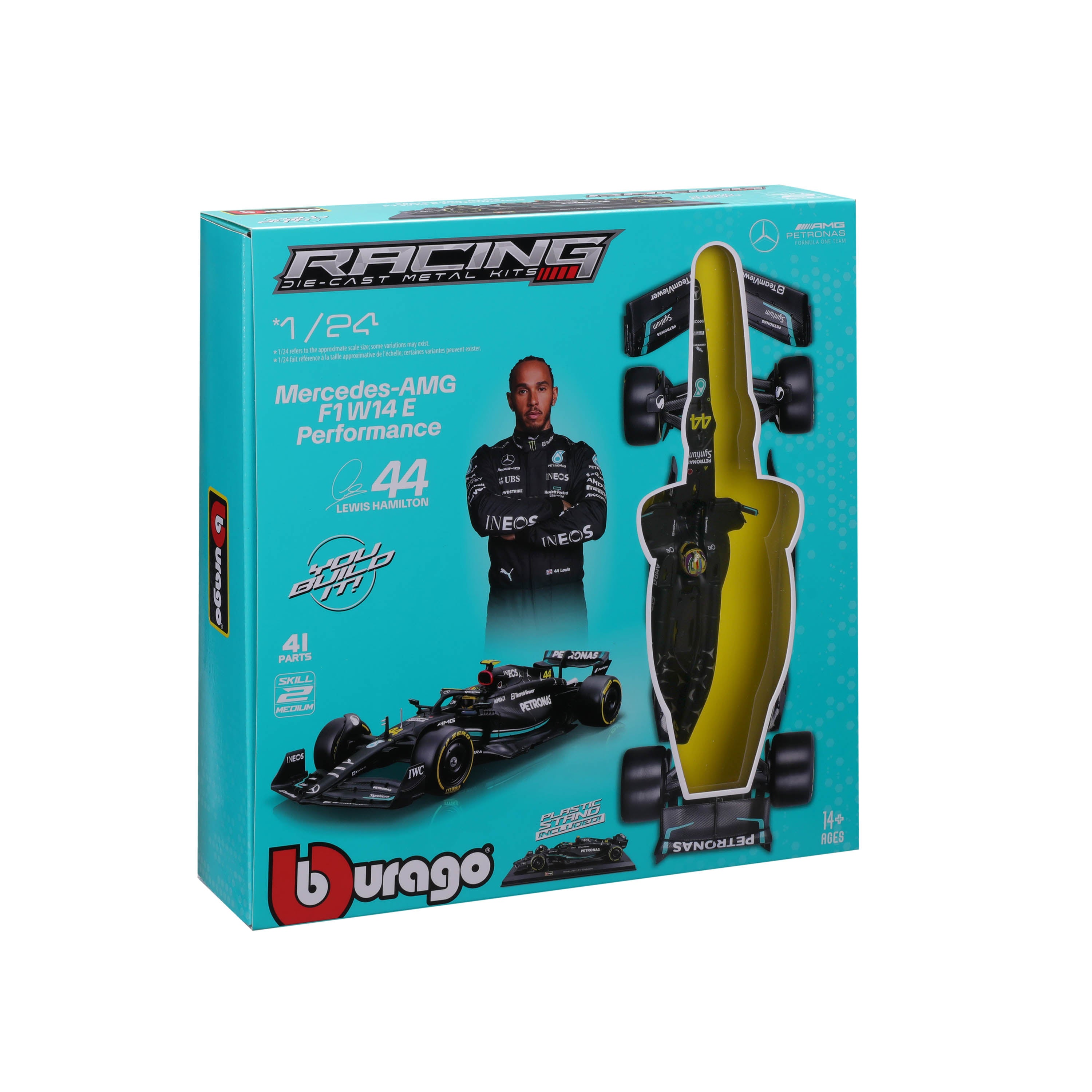 Macheta Bburago 1:24 Kit Model Formula-Cu Casca & Suport Din Plastic Mercedes Amg Petronas W14 E Performance #44 Lewis Hamilton Bb28506