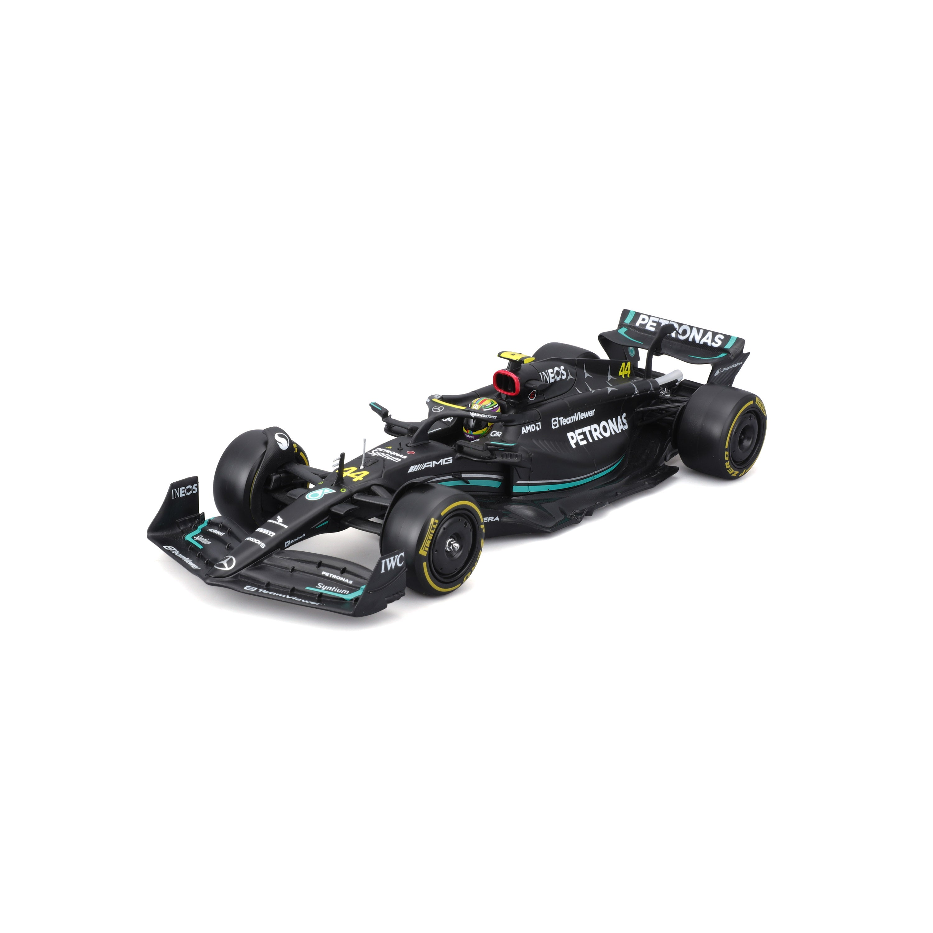 Macheta Bburago 1:24 Kit Model Formula-Cu Casca & Suport Din Plastic Mercedes Amg Petronas W14 E Performance #44 Lewis Hamilton Bb28506